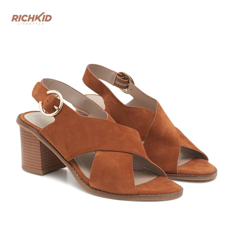 Brown Leather Block Heel Sandals - Image 2