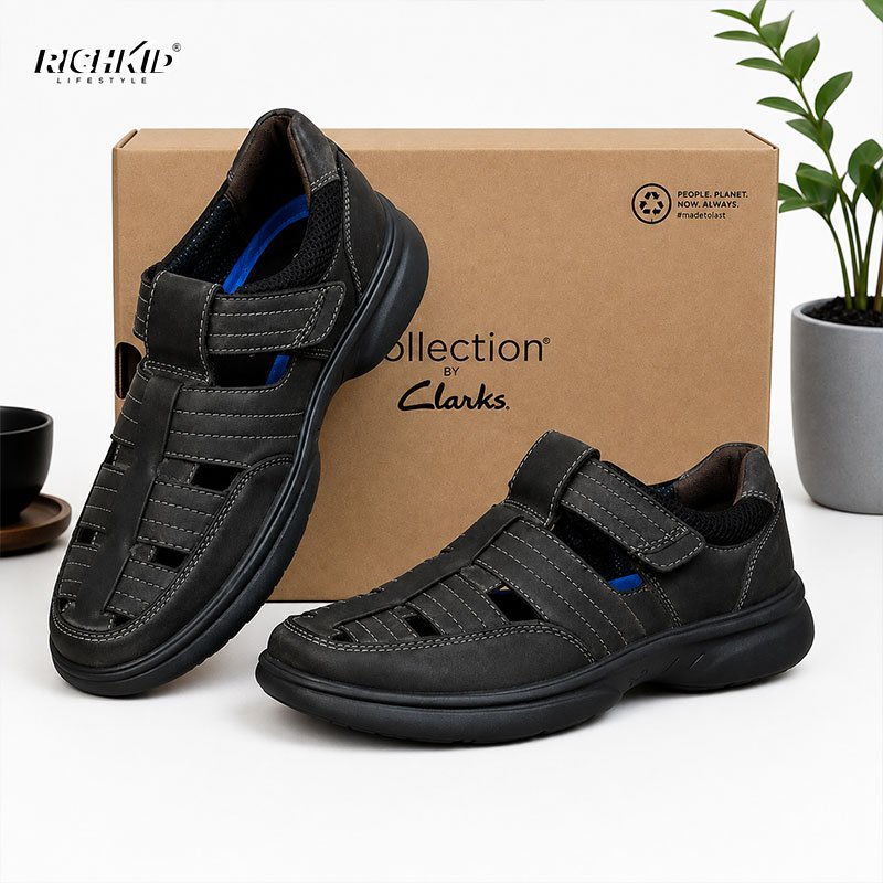 Clarks Genuine Leather Cycle Shoes Plain Black - Image 2